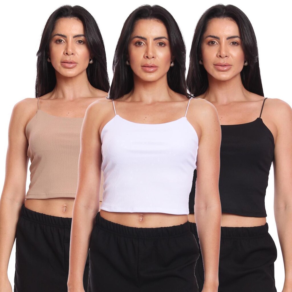 Kit 3 Cropped Alcinha Feminino Canelado Ribana Sem Bojo Básico Casual