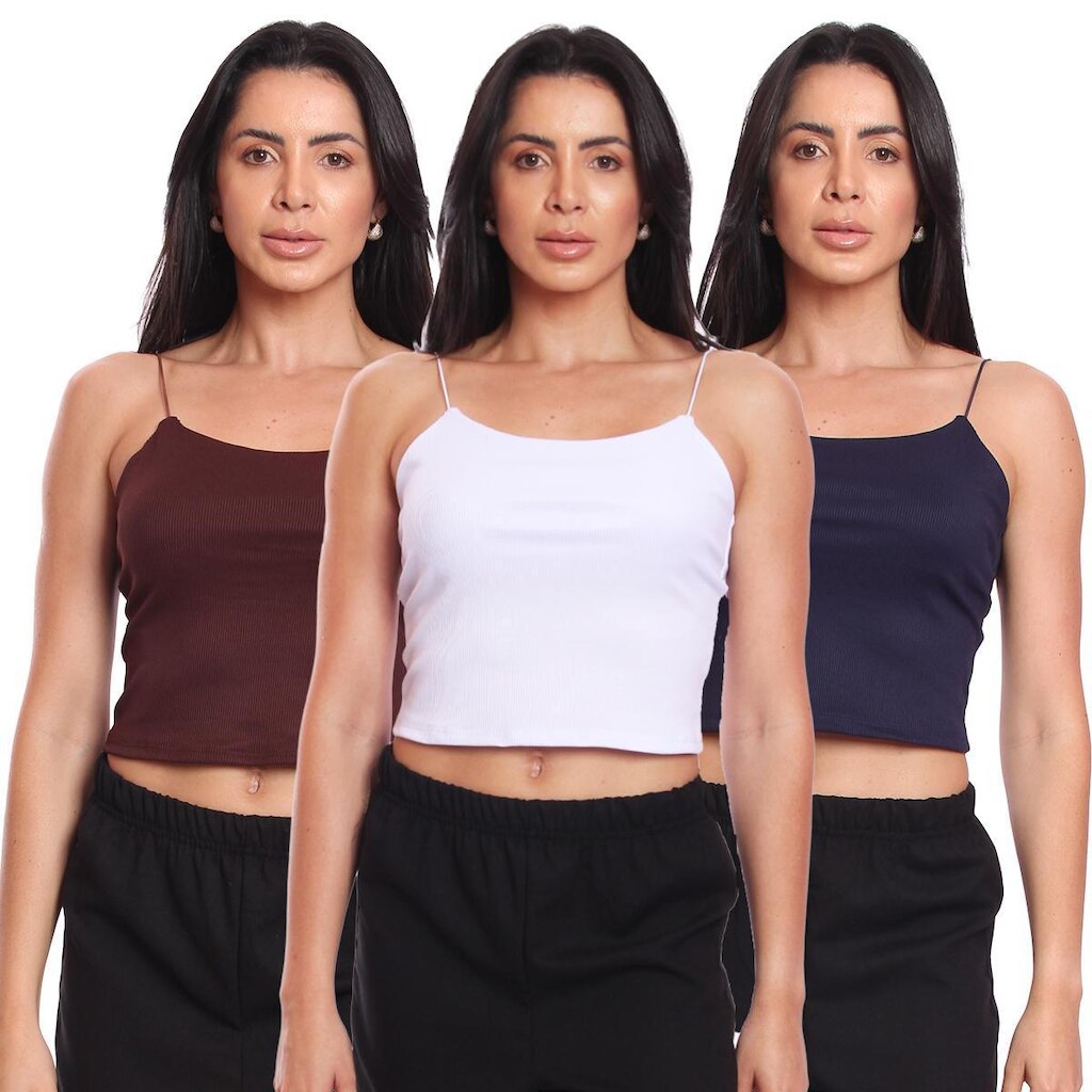 Kit 3 Cropped Alcinha Feminino Canelado Ribana Sem Bojo Básico Casual
