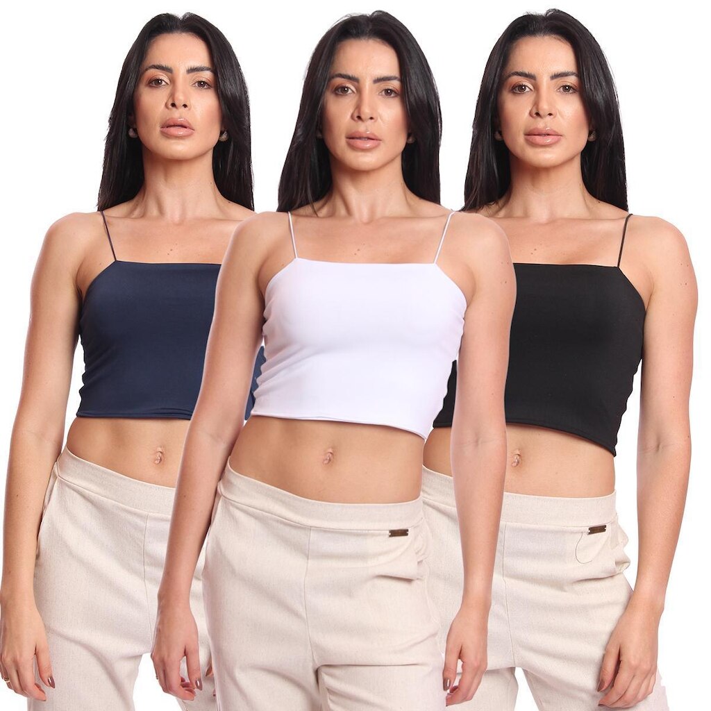 Kit 3 Cropped Top Feminino Alcinha com Elástico Suplex Liso Básico Casual