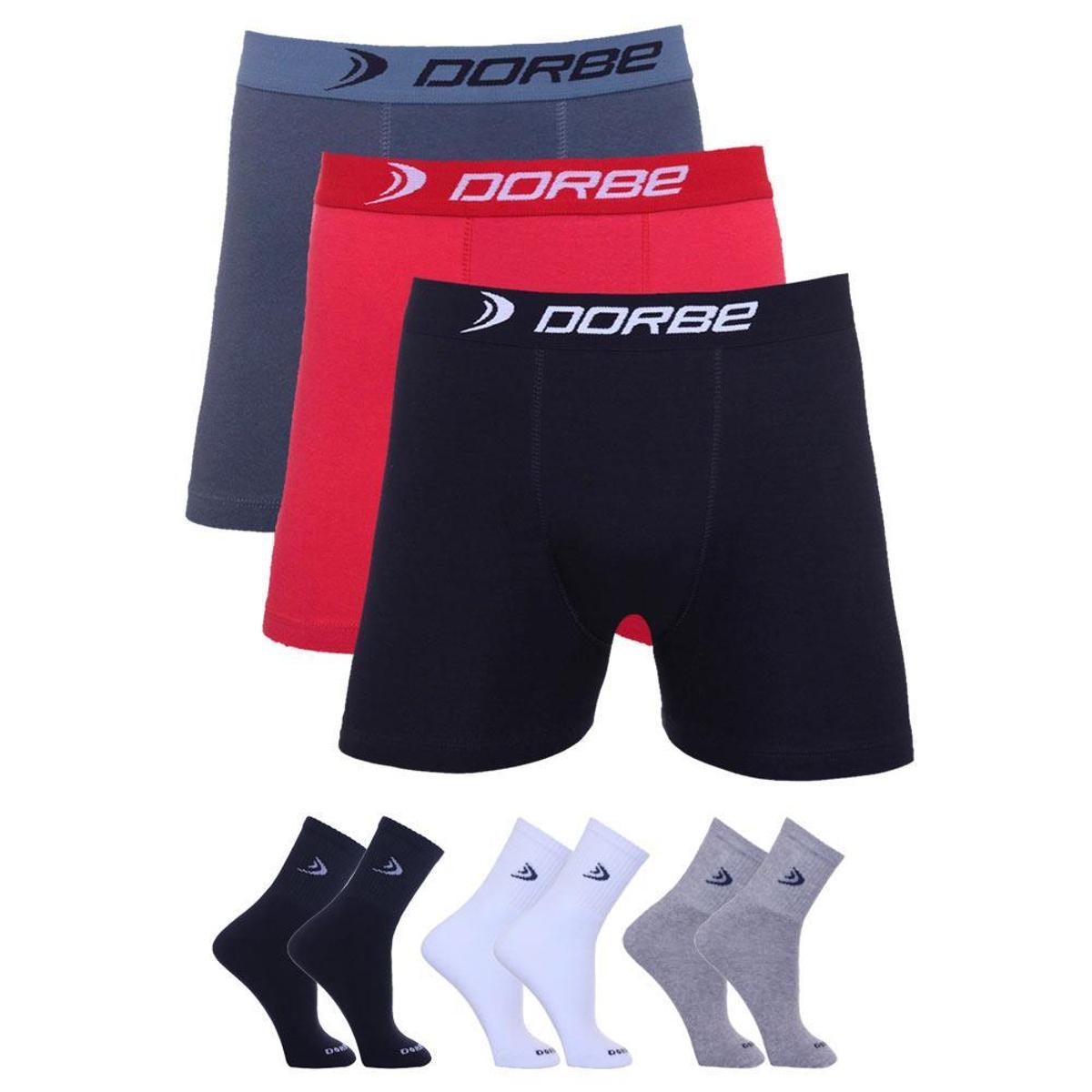 Kit 3 Cuecas Boxer Dorbe Algodão + 3 Pares Meia Cano Longo