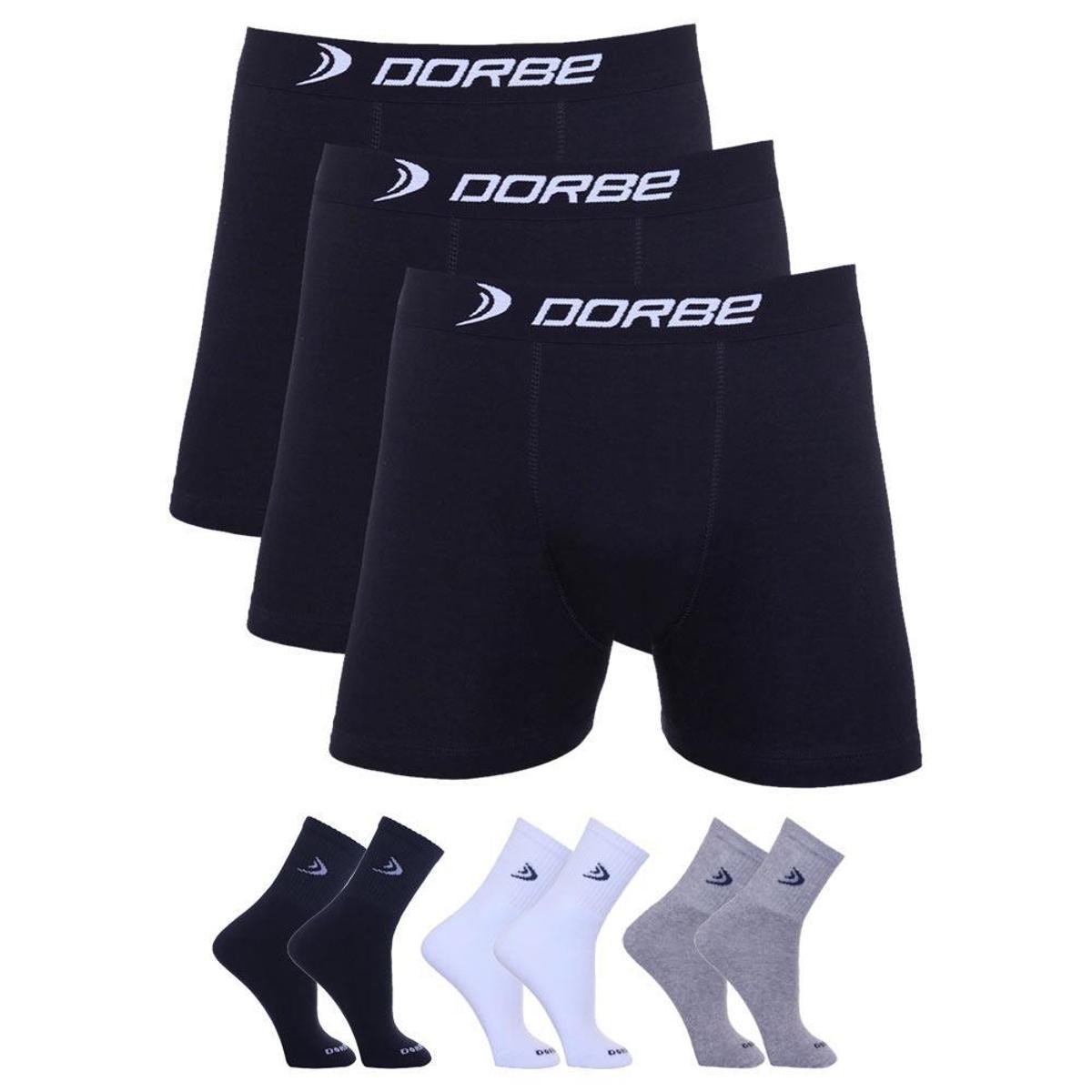 Kit 3 Cuecas Boxer Dorbe Algodão + 3 Pares Meia Cano Longo