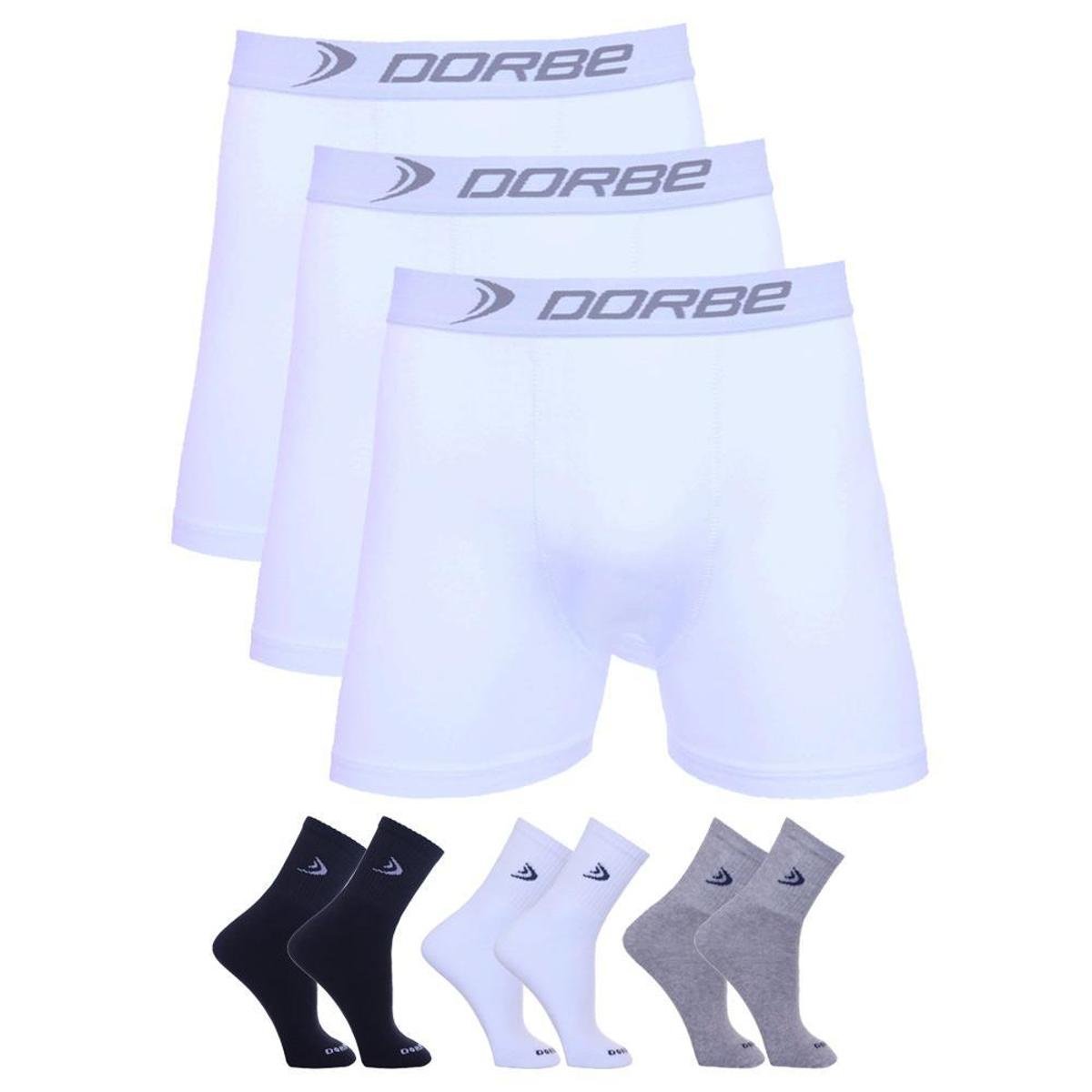 Kit 3 Cuecas Boxer Dorbe Algodão + 3 Pares Meia Cano Longo