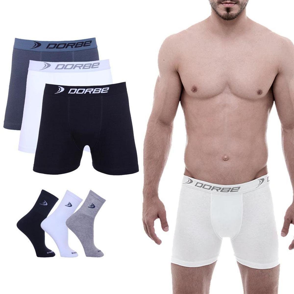 Kit 3 Cuecas Boxer Dorbe Algodão + 3 Pares Meia Cano Longo