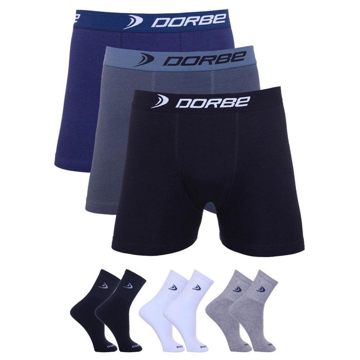 Kit 3 Cuecas Boxer Dorbe Algodão + 3 Pares Meia Cano Longo