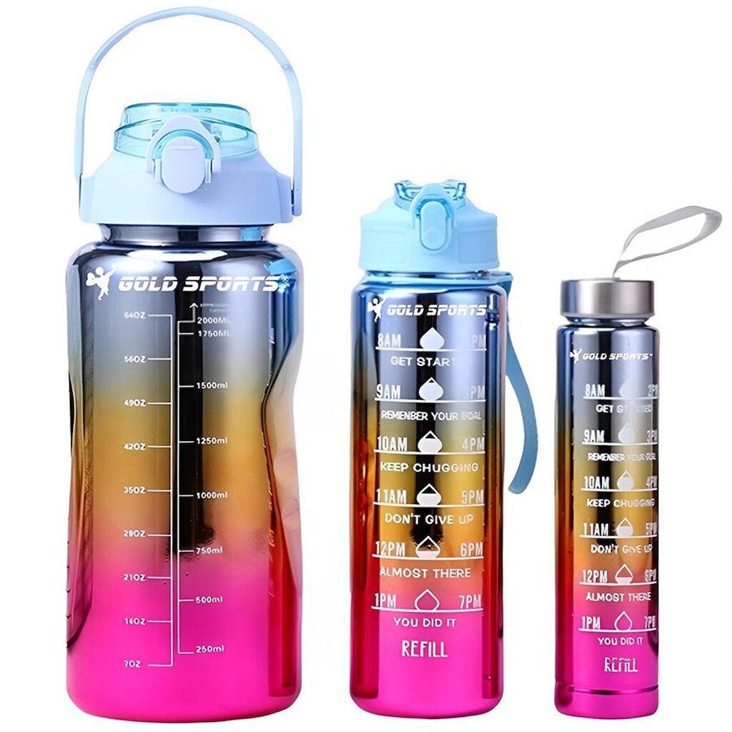 Kit 3 Garrafas Squeeze Plástica Gold Sports Degrade Adesivos BPA-FREE 2 Lts, 800ml e 280ml