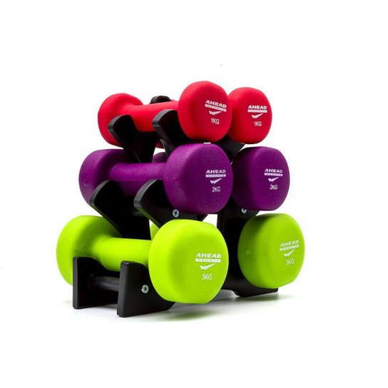 Kit 3 Halteres Sextavados Peso Academia Fitness + Suporte 12kg - Colorido Menor preço em Kit 3 Halteres Sextavados Peso Academia Fitness + Suporte 12kg - Colorido