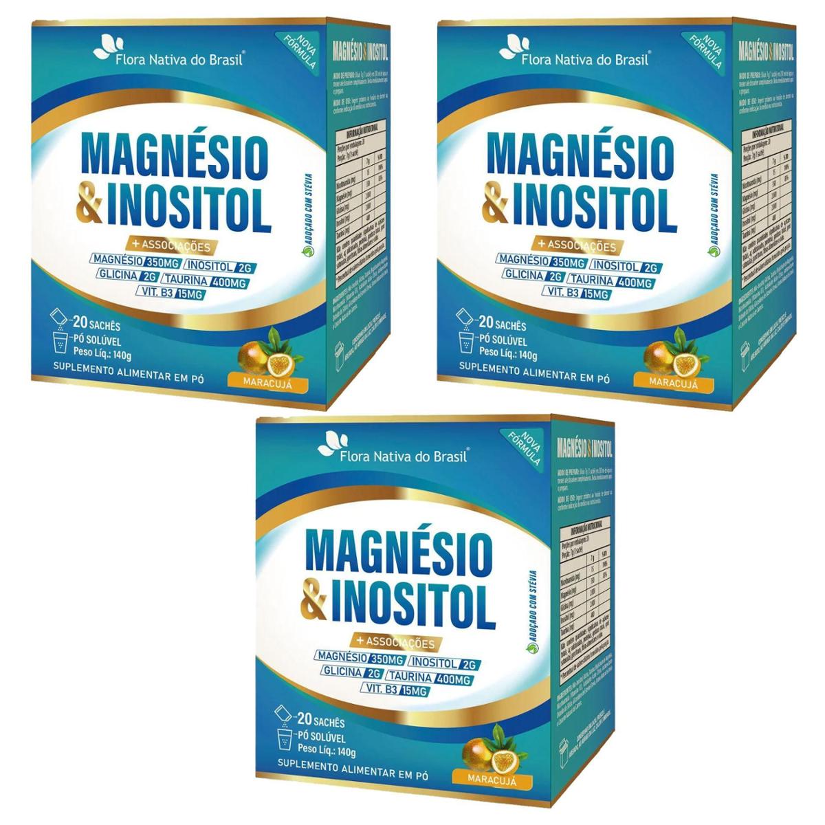 Kit 3 Magnésio e Inositol Sabor Maracujá 3x20 Sachês Flora Nativa