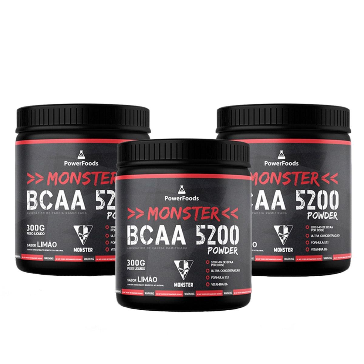 Kit 3 Monster BCAA 5200 Powder 300 g PowerFoods Netshoes