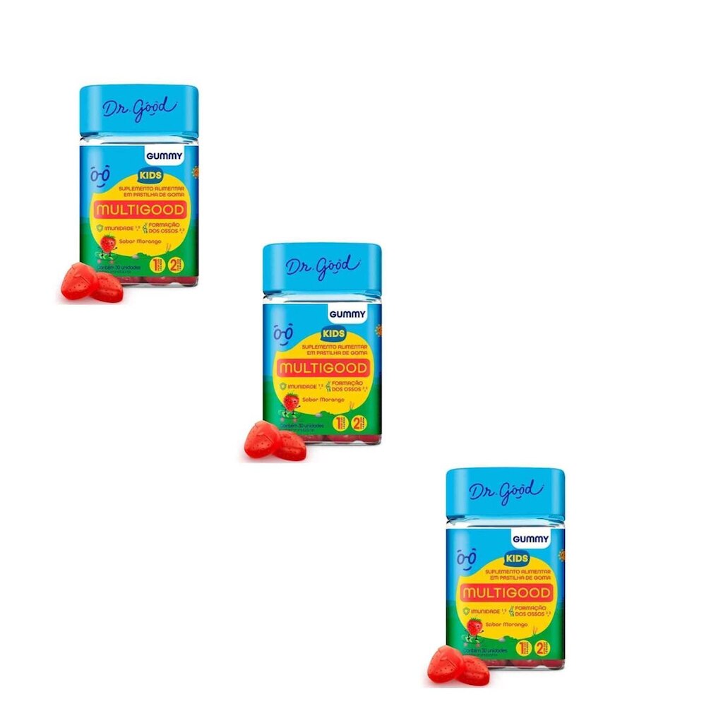 Kit 3 Multigood Fini Kids Sabor Morango 3x30 Gomas Dr Good