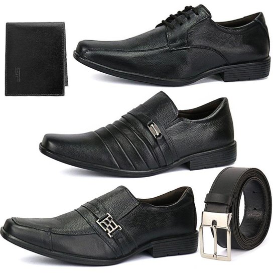 Kit 3 Pares de Sapatos Sociais em Couro SapatoFran com Cinto e Carteira Masculino - Preto Menor preço em Kit 3 Pares de Sapatos Sociais em Couro SapatoFran com Cinto e Carteira Masculino - Preto