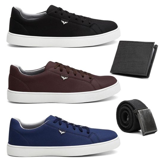 Kit 3 Pares De Tenis Sapatenis Casual Leve Kevin Sintonia Com Cinto e Carteira - Preto Menor preço em Kit 3 Pares De Tenis Sapatenis Casual Leve Kevin Sintonia Com Cinto e Carteira - Preto
