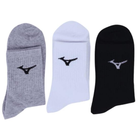 Kit 3 Pares Meia Mizuno Cano Médio Training Atoalhada Cinza/Branca/Preta MIMTA51916