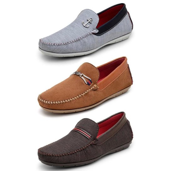 Kit 3 Pares Mocassim Casual OP Santos Com Costura Manual Cinza Caramelo e Marrom - Marrom+Cinza Menor preço em Kit 3 Pares Mocassim Casual OP Santos Com Costura Manual Cinza Caramelo e Marrom - Marrom+Cinza