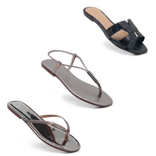 Kit 3 Pares Sandálias Rasteiras Feminina Costura Croco Liso - Prata é boa?