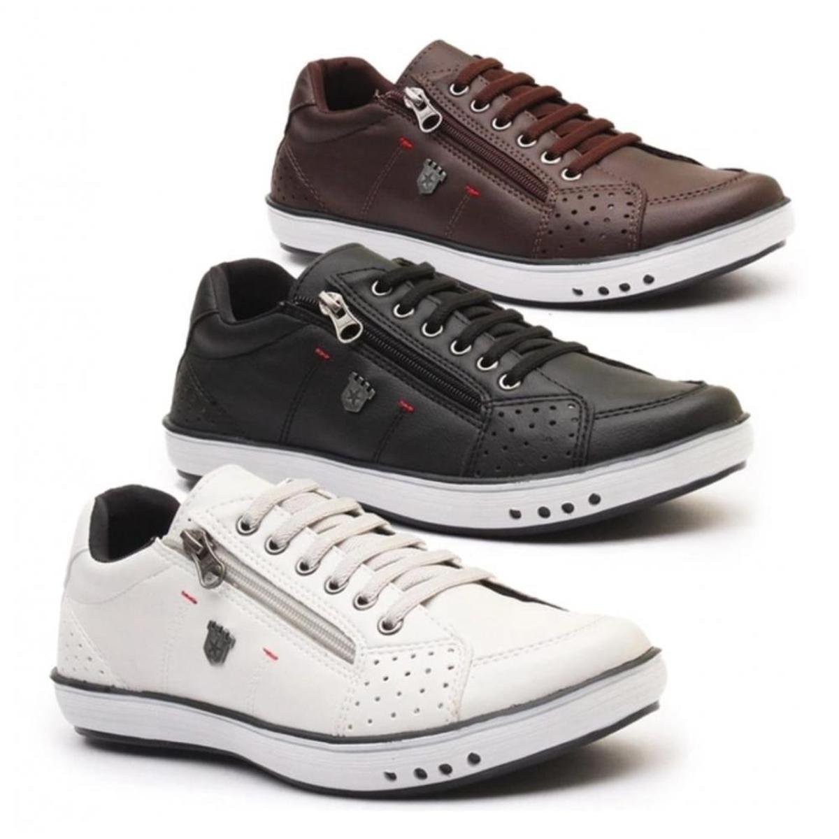 Kit 3 Pares Sapatênis Casual Masculino com Ziper Lateral e Cadarço Menor preço em Kit 3 Pares Sapatênis Casual Masculino com Ziper Lateral e Cadarço