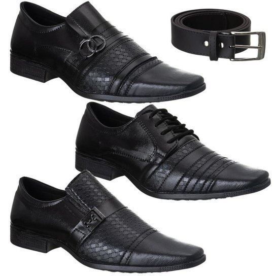 Kit 3 Pares Sapato Social Masculino Conforto Moderno + Cinto - Preto Menor preço em Kit 3 Pares Sapato Social Masculino Conforto Moderno + Cinto - Preto