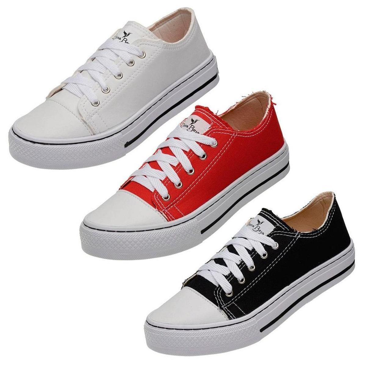 Kit 3 Pares Tenis Casual Feminino Sola Reta e Borracha Fechamento Cadarço -  Branco | Netshoes