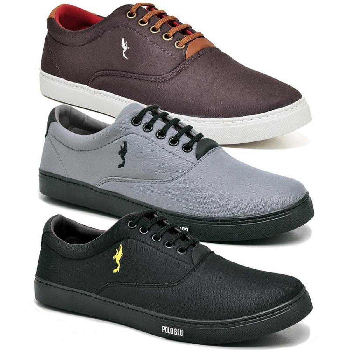 Kit 3 Pares Tenis Sapatenis Polo Blu Masculino Sapatenis Cano Alto Bota Café Cinza e Preto Menor preço em Kit 3 Pares Tenis Sapatenis Polo Blu Masculino Sapatenis Cano Alto Bota Café Cinza e Preto