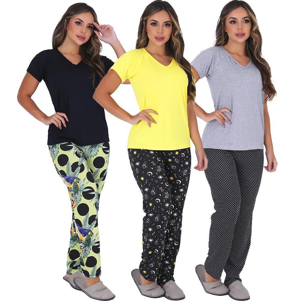 Kit 3 Pijamas Calça Comprida Blusa Manga Curta Estações