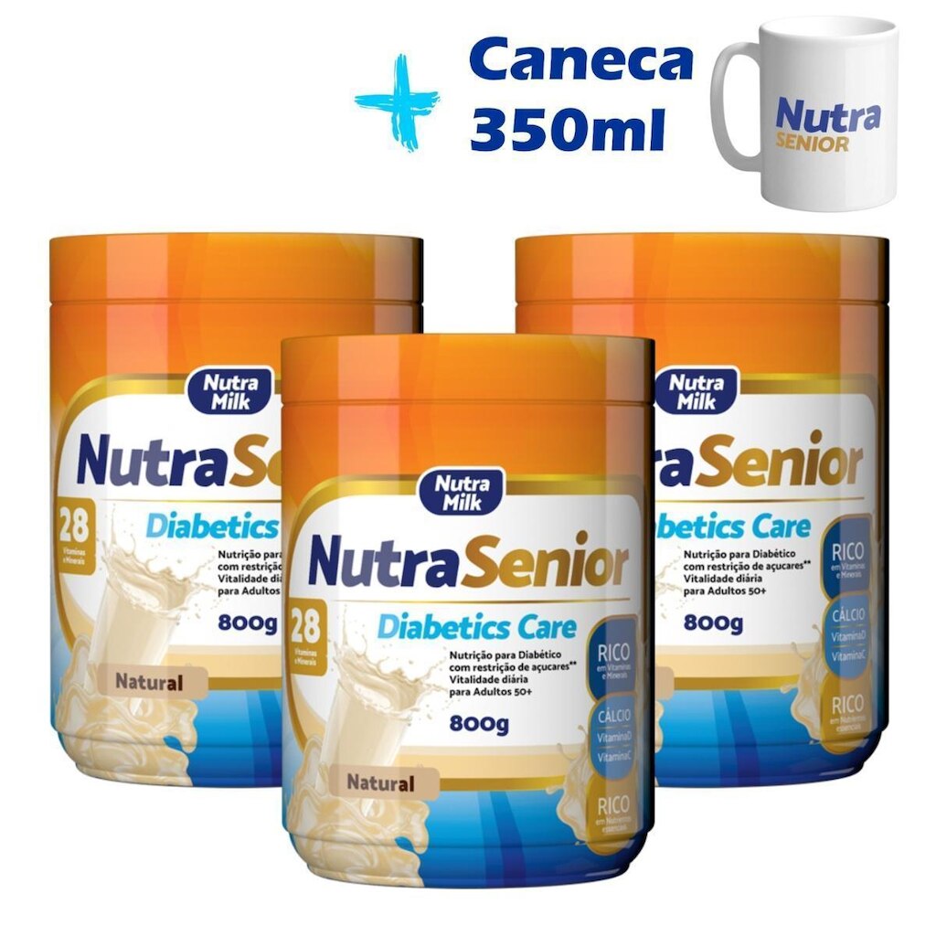Kit 3 potes Nutra Senior Diabetics Care 50+ 800g ZERO AÇÚCAR e Caneca exclusiva 350ml