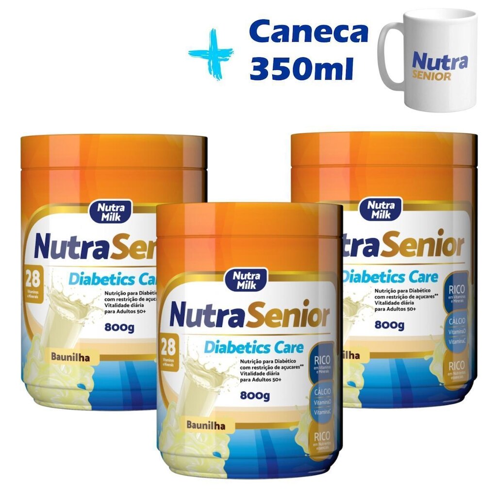 Kit 3 potes Nutra Senior Diabetics Care 50+ 800g ZERO AÇÚCAR e Caneca exclusiva 350ml