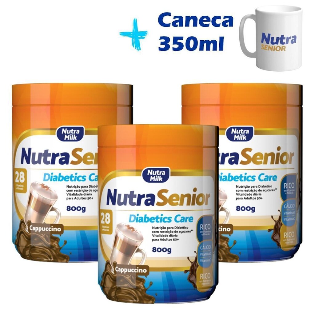 Kit 3 potes Nutra Senior Diabetics Care 50+ 800g ZERO AÇÚCAR e Caneca exclusiva 350ml