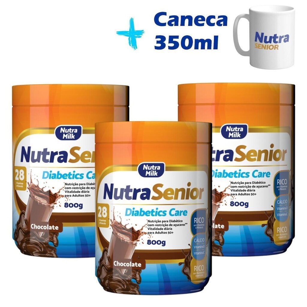 Kit 3 potes Nutra Senior Diabetics Care 50+ 800g ZERO AÇÚCAR e Caneca exclusiva 350ml