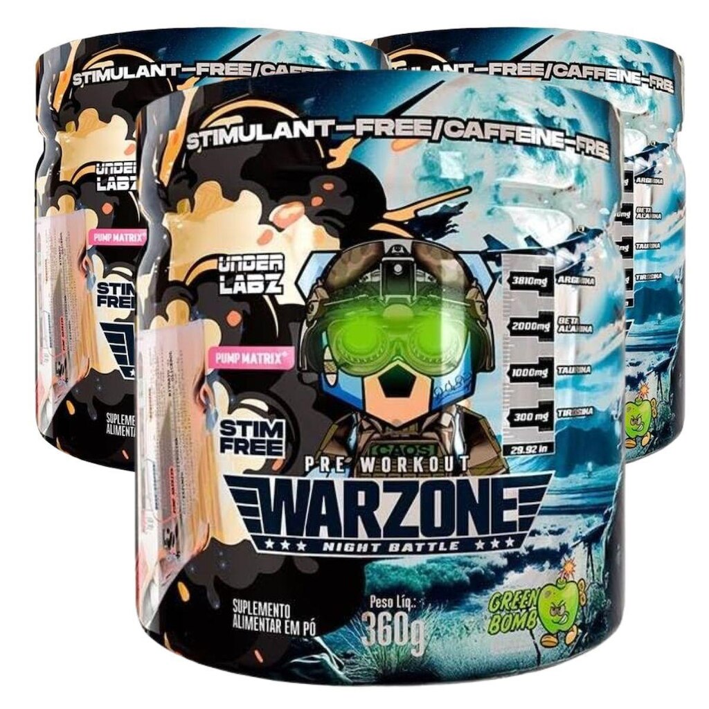 Kit 3 Pré-Treino Sem Cafeina Noturno Warzone UnderLabz 360g