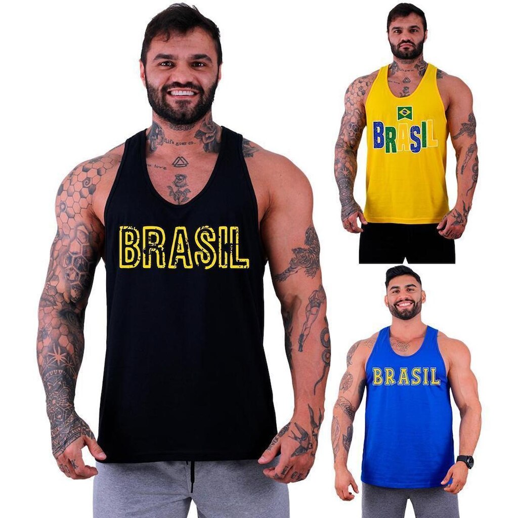 Kit 3 Regata Cavada Estampada Masculina MXD Brasil Bandeira Pátria
