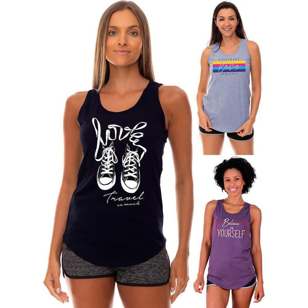 Kit 3 Regatas Longline Feminina MXD Conceito Slim Diversas Estampas