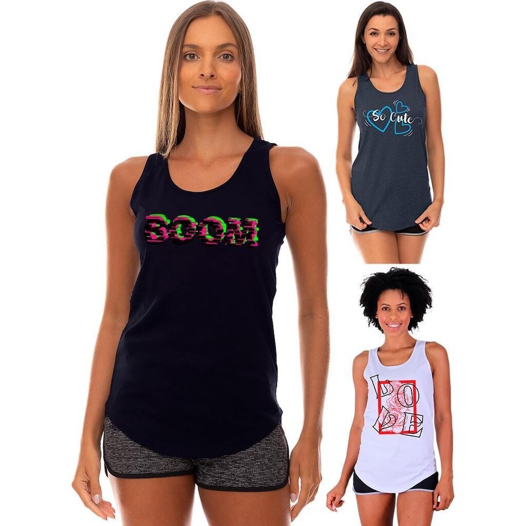 Kit 3 Regatas Longline Feminina MXD Conceito Slim Diversas Estampas