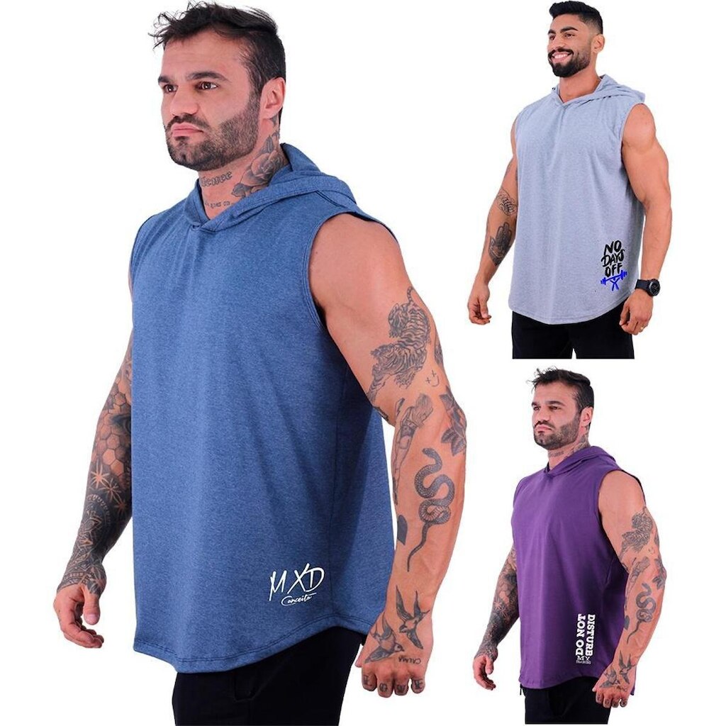 Kit 3 Regatas Longline Machão Com Touca Masculina MXD Conceito Academia Exercicio Fisico