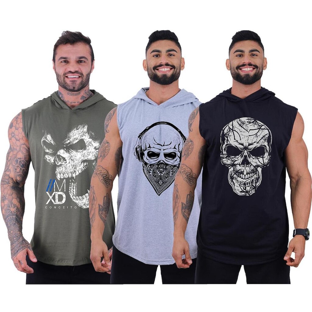 Kit 3 Regatas Longline Machão Com Touca Masculina MXD Conceito Academia Lazer