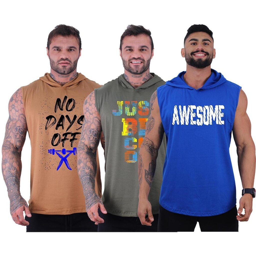 Kit 3 Regatas Longline Machão Com Touca Masculina MXD Conceito Academia Lazer