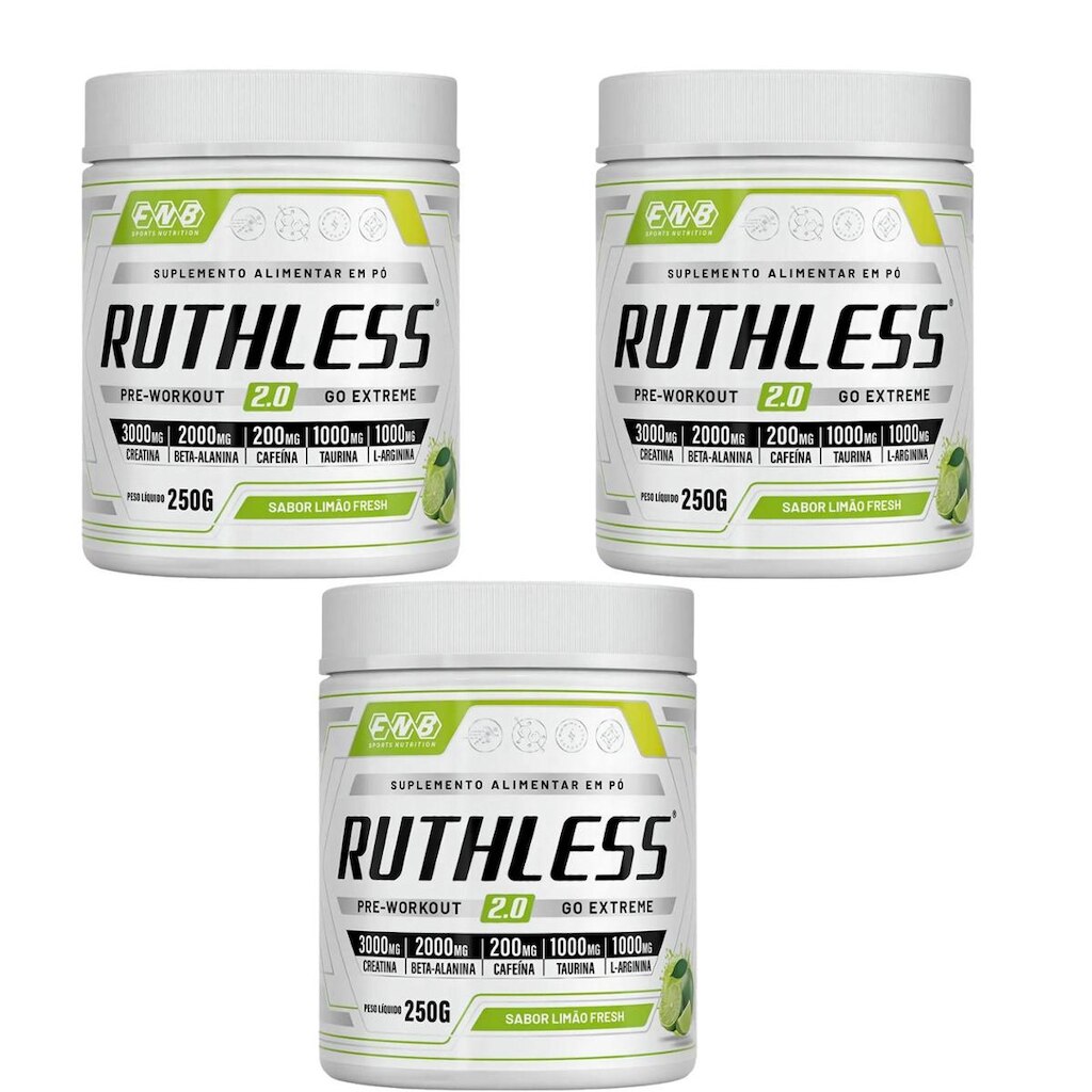 Kit 3 Ruthless 2.0 Pré-treino Sabor Limão 3x250g FNB Sport Nutrition