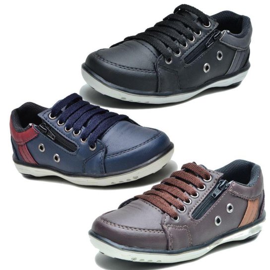 Kit 3 Sapatênis Casual Infantil Menino Preto/ Azul / Café com Ziper - Preto Menor preço em Kit 3 Sapatênis Casual Infantil Menino Preto/ Azul / Café com Ziper - Preto