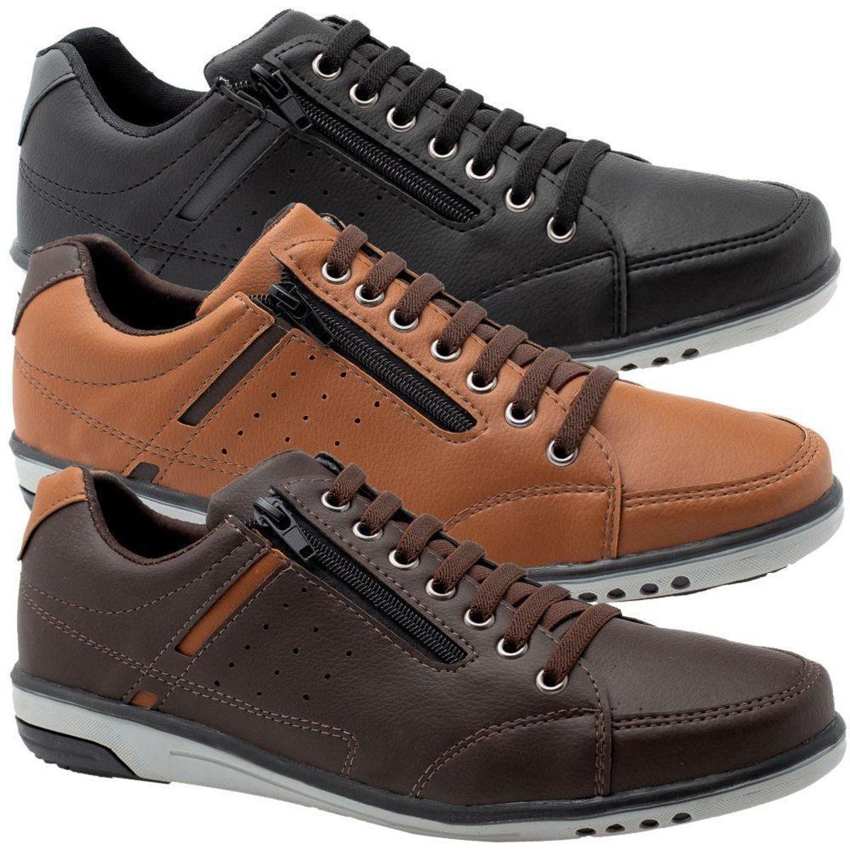 Kit 3 Sapatênis Masculino Casual Preto, Conhaque e Café Elástico e Zíper 750 Menor preço em Kit 3 Sapatênis Masculino Casual Preto, Conhaque e Café Elástico e Zíper 750