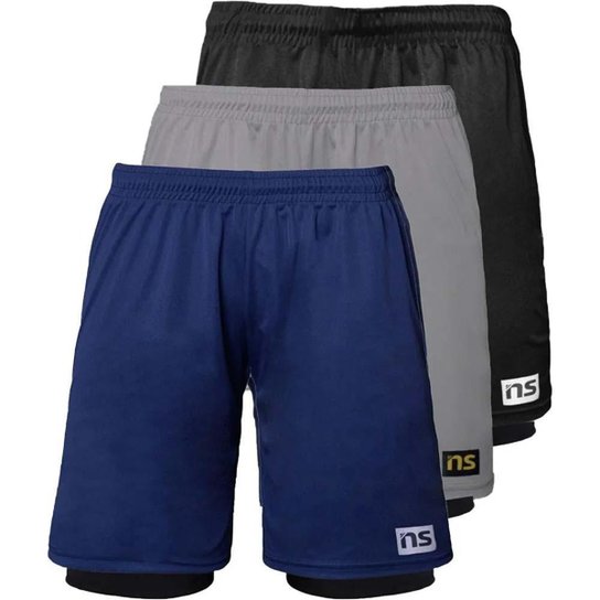 Kit 3 Shorts Bermuda Academia Fitness Duplo 2 Em 1 - Preto+Azul Menor preço em Kit 3 Shorts Bermuda Academia Fitness Duplo 2 Em 1 - Preto+Azul