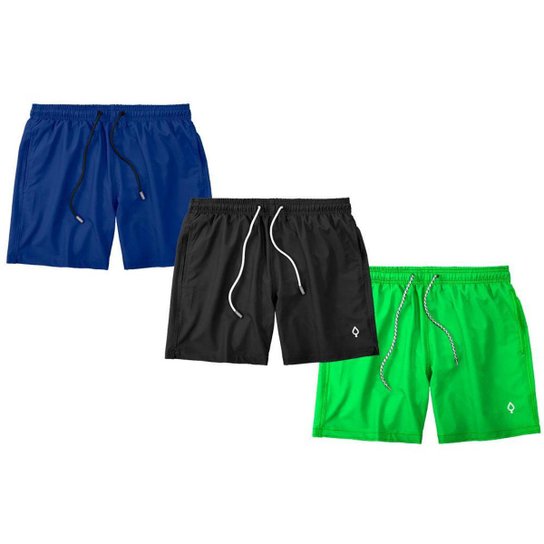 Kit 3 Shorts Bermudas Liso Lisa e Estampado Masculino Tactel Básico - Azul Menor preço em Kit 3 Shorts Bermudas Liso Lisa e Estampado Masculino Tactel Básico - Azul