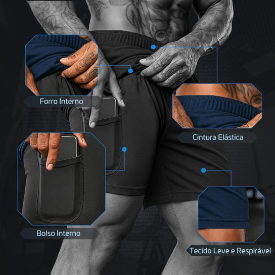 Kit 3 Shorts Masculino 2 em 1 Fitness Bermuda Para Treino