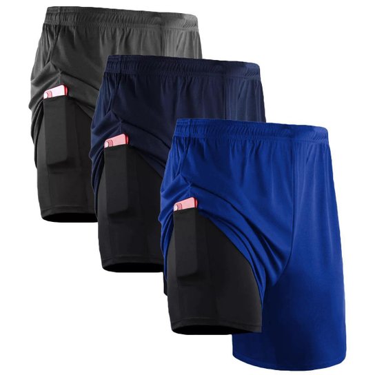 Kit 3 Shorts Masculino 2 em 1 Fitness Bermuda Para Treino