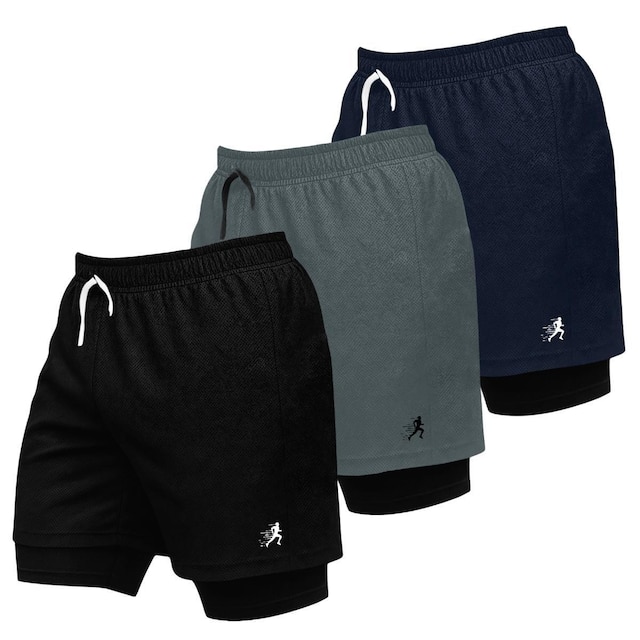 Kit 3 Shorts Masculinos 2 em 1 para Treino com Estampa Esportiva de Corrida
