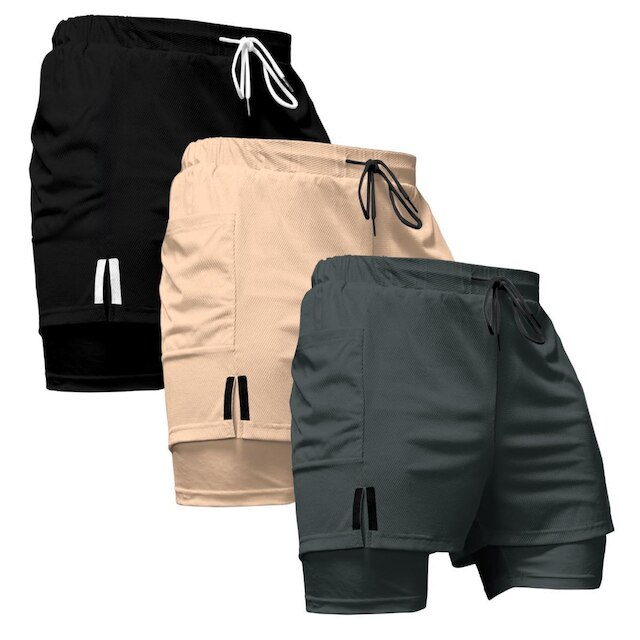 Kit 3 Shorts Masculinos Esportivos 2 em 1 com Faixa Lateral e Ajuste Confortável