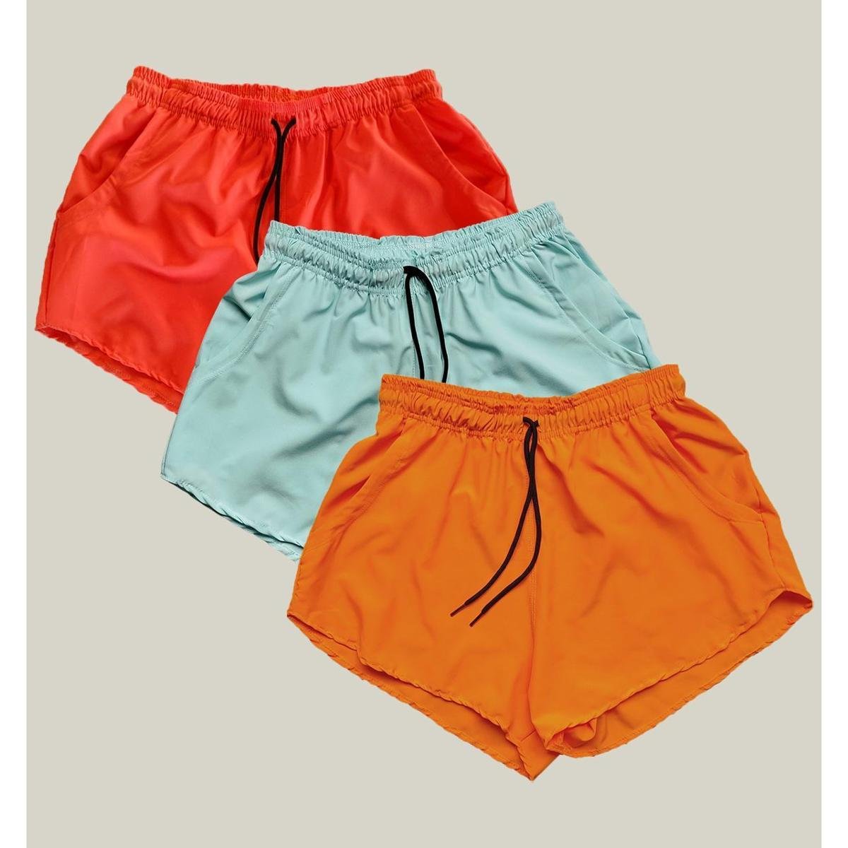 Kit 3 Shorts Praia Feminino Elastano Premium WSS Rosa Laranja e Verde Água
