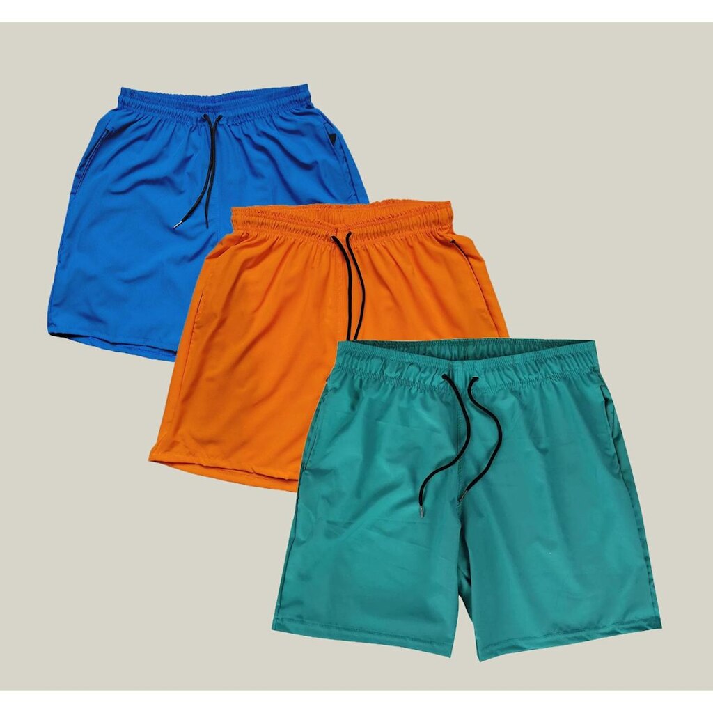 Kit 3 Shorts Praia Masculino Elastano Premium WSS Azul Laranja e Verde