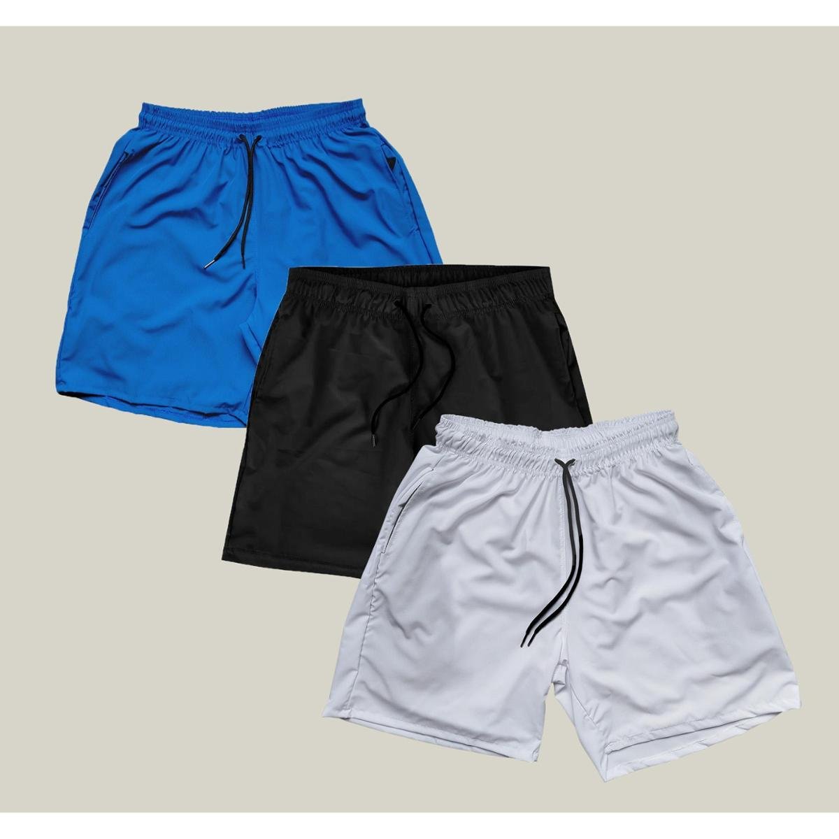 Kit 3 Shorts Praia Masculino Elastano Premium WSS Azul Preto e Branco
