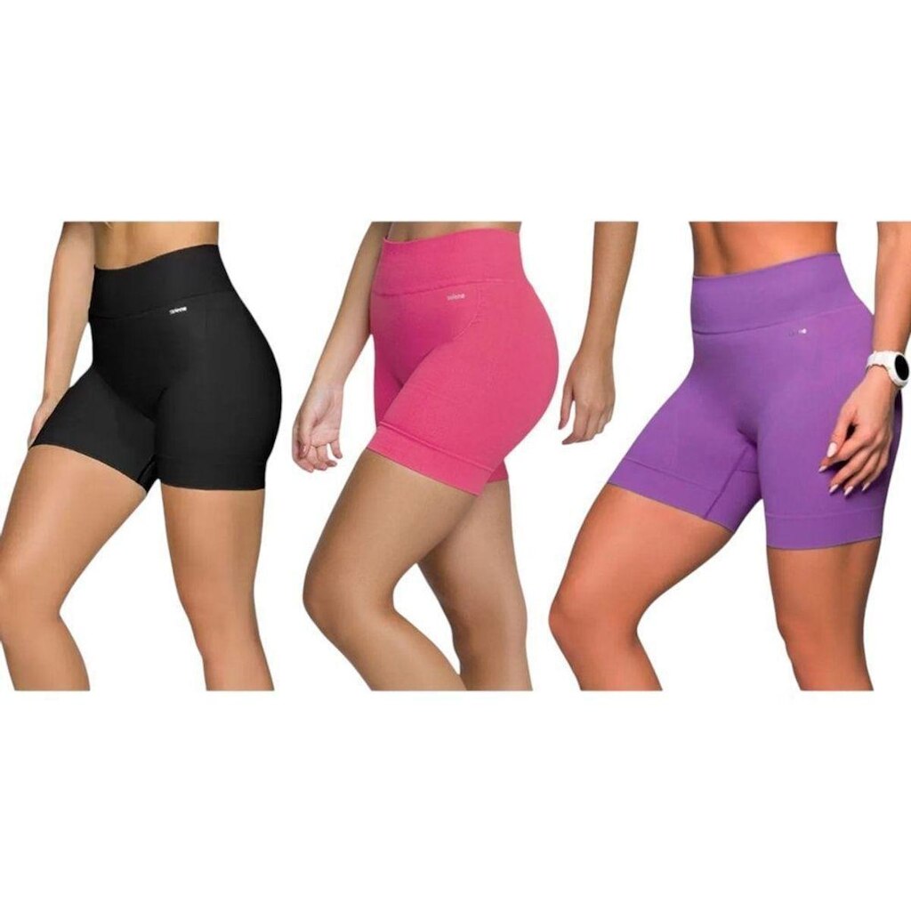 Kit 3 Shorts Selene Sem Costura Feminino - Preto e Rosa GG