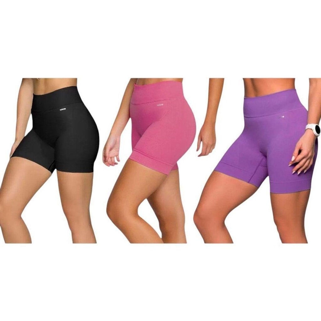 Kit 3 Shorts Selene Sem Costura Feminino - Preto e Rosa M