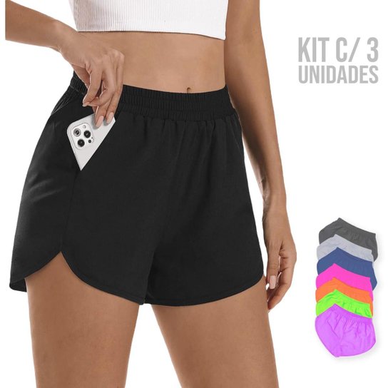 Kit 3 SHORTS TACTEL FEMININO Bolsos Academia Corrida Praia Yoga Bermuda 662