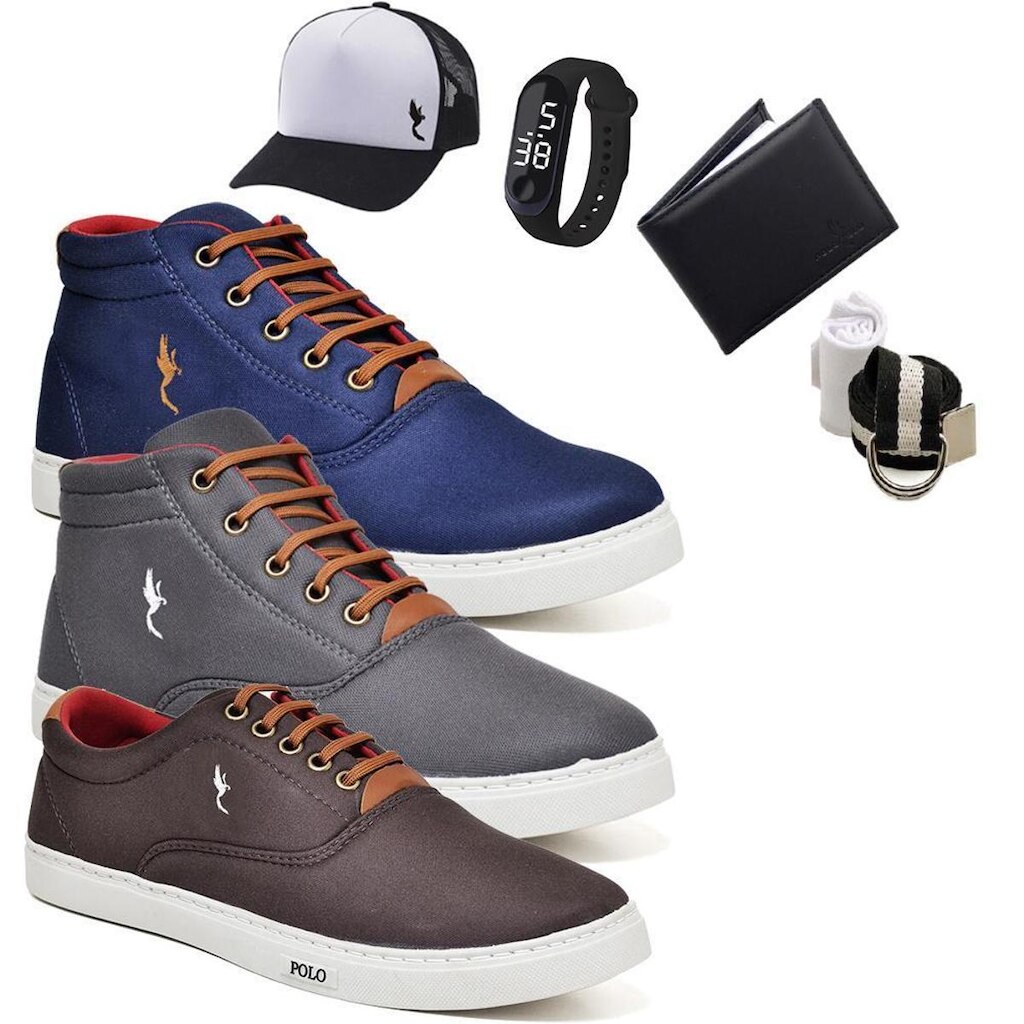 Kit 3 Tênis Casual + Boné + Acessórios Macio Confortável
